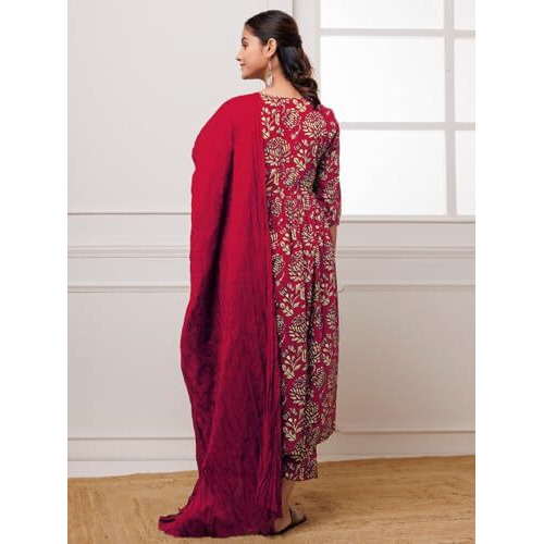 ANNI DESIGNER Women's Cotton Blend Anarkali Printed Kurta with Pant & Dupatta (Dabu Red_L_Red_Large)