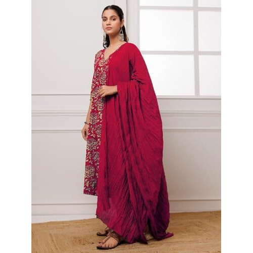 ANNI DESIGNER Women's Cotton Blend Anarkali Printed Kurta with Pant & Dupatta (Dabu Red_L_Red_Large)