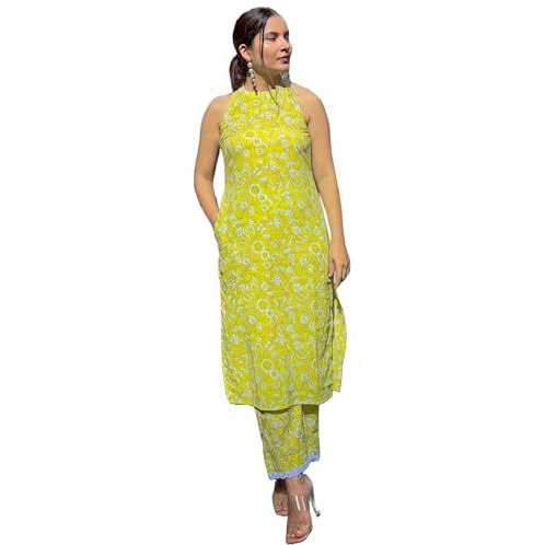 ANNI DESIGNER Women's Rayon Blend Straight Block Printed Kurta with Pant (Lemon-Lime-NW_XXL_Green_XX-Large)