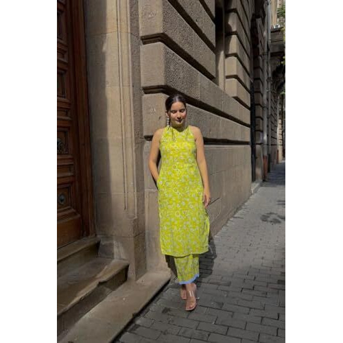 ANNI DESIGNER Women's Rayon Blend Straight Block Printed Kurta with Pant (Lemon-Lime-NW_XXL_Green_XX-Large)