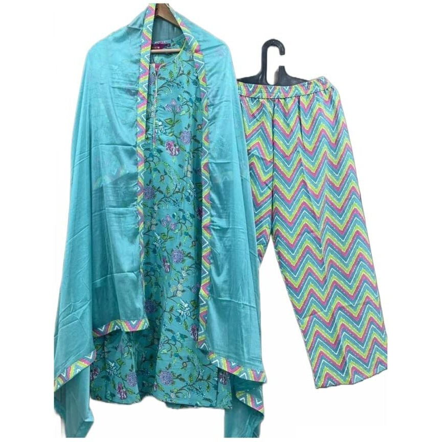 ANNI DESIGNER Women's Cotton Blend Floral Straight Kurta with Pant & Dupatta (Uttar_Sky Blue_XX-Large)