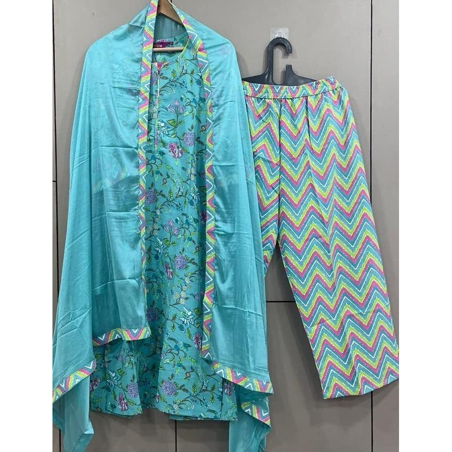 ANNI DESIGNER Women's Cotton Blend Floral Straight Kurta with Pant & Dupatta (Uttar_Sky Blue_XX-Large)
