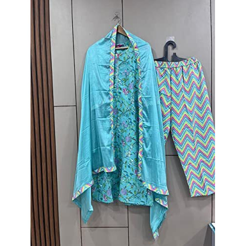 ANNI DESIGNER Women's Cotton Blend Floral Straight Kurta with Pant & Dupatta (Uttar_Sky Blue_XX-Large)