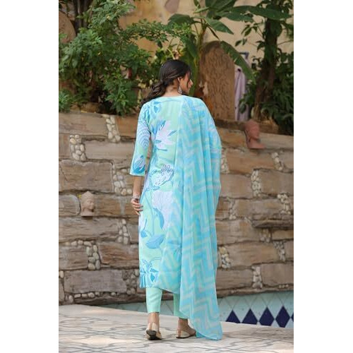 ANNI DESIGNER Women's Cotton Blend Straight Printed Kurta with Pant & Dupatta (Sohini Blue-NW_S_Blue_Small)