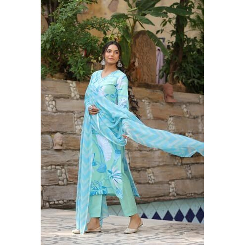 ANNI DESIGNER Women's Cotton Blend Straight Printed Kurta with Pant & Dupatta (Sohini Blue-NW_S_Blue_Small)