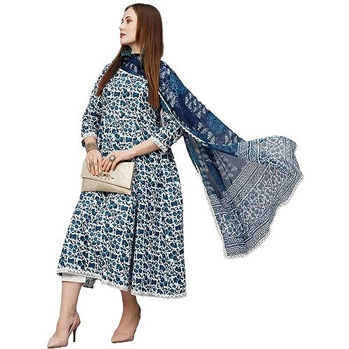 ANNI DESIGNER Women's Rayon Blend Anarkali Printed Kurta with Pant & Dupatta (YUTIKA Blue-NW_S_Blue_Small)