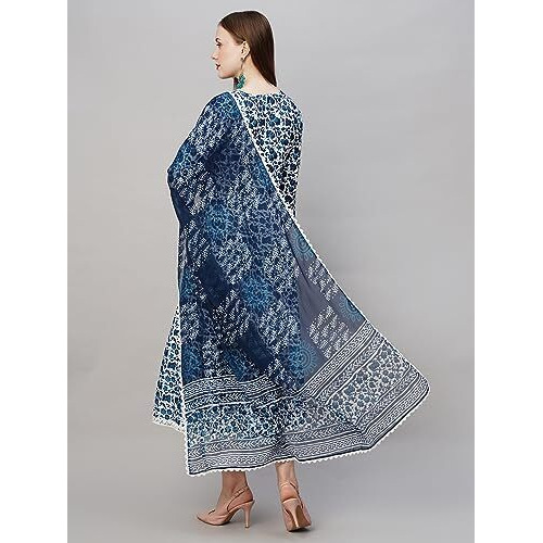 ANNI DESIGNER Women's Rayon Blend Anarkali Printed Kurta with Pant & Dupatta (YUTIKA Blue-NW_S_Blue_Small)