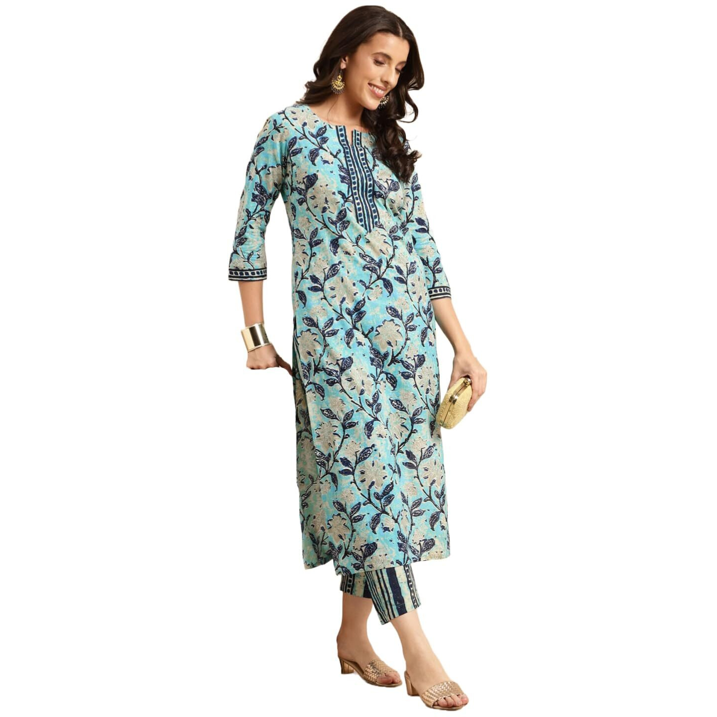 ANNI DESIGNER Women's Cotton Blend Straight Printed Kurta with Pant (Saanvi Navy Blue-NW_M_Navy Blue_Medium)