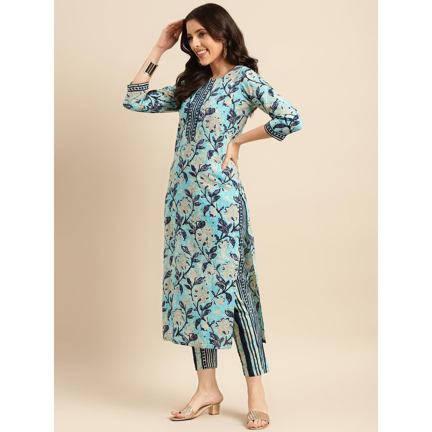 ANNI DESIGNER Women's Cotton Blend Straight Printed Kurta with Pant (Saanvi Navy Blue-NW_M_Navy Blue_Medium)