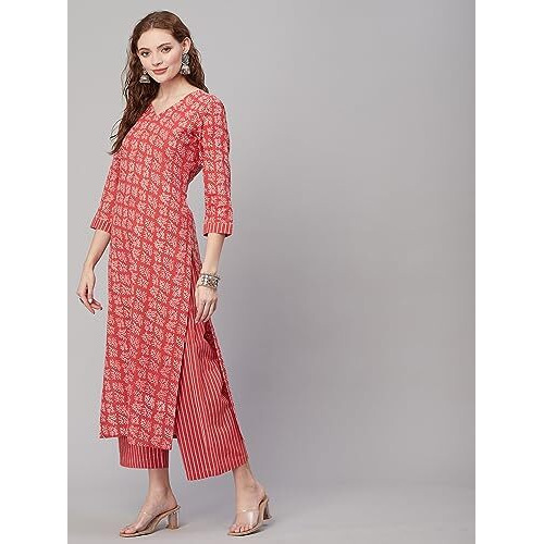 ANNI DESIGNER Women's Cotton Blend Printed Straight Kurta with Pant (Giri Orange_M_Orange_Medium)