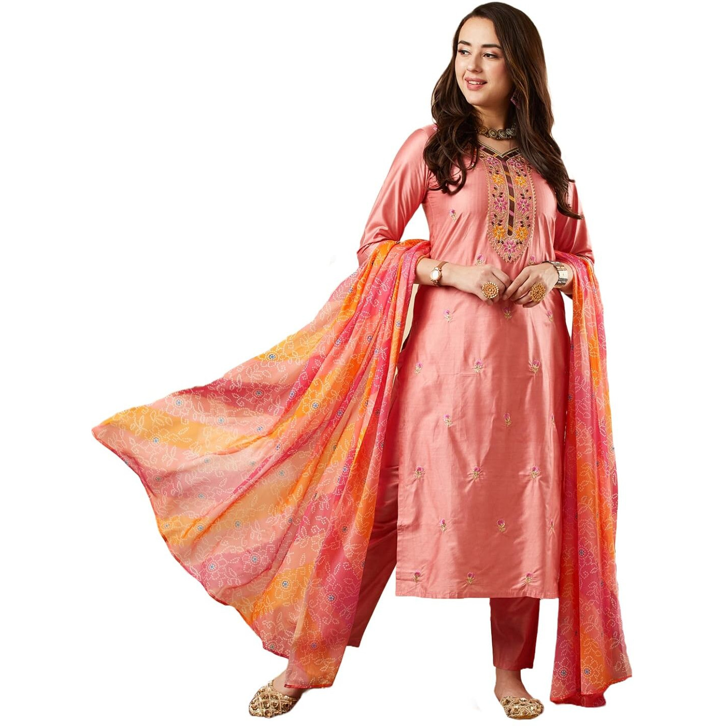 ANNI DESIGNER Women's Cotton Blend Embroidered Straight Kurta with Pant & Dupatta (Lily Peach_S_Peach_Small)
