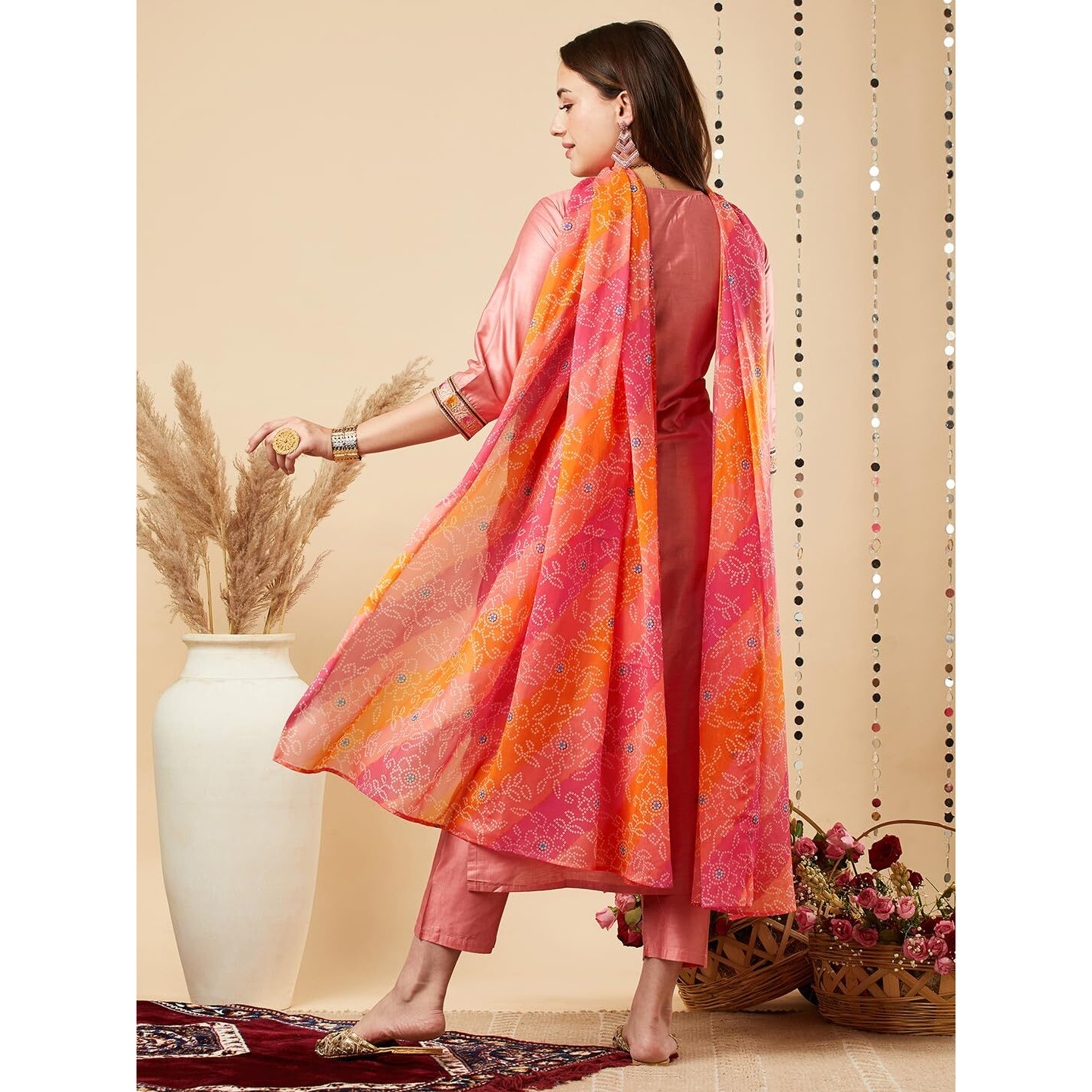 ANNI DESIGNER Women's Cotton Blend Embroidered Straight Kurta with Pant & Dupatta (Lily Peach_S_Peach_Small)