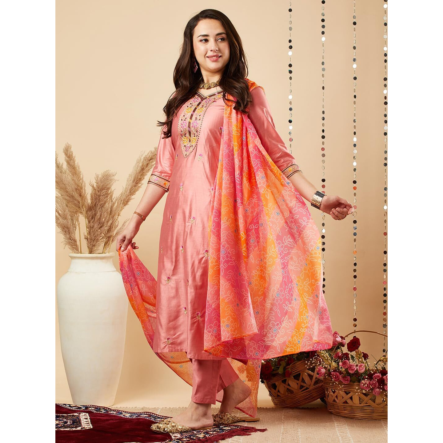 ANNI DESIGNER Women's Cotton Blend Embroidered Straight Kurta with Pant & Dupatta (Lily Peach_S_Peach_Small)