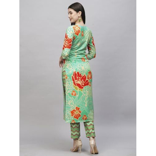 ANNI DESIGNER Women's Cotton Blend Straight Printed Kurta with Pant (NDR Green_XXL_Green_XX-Large)
