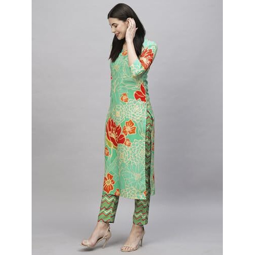 ANNI DESIGNER Women's Cotton Blend Straight Printed Kurta with Pant (NDR Green_XXL_Green_XX-Large)