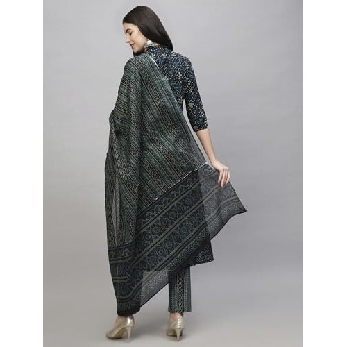 ANNI DESIGNER Women's Cotton Blend Straight Printed Kurta with Pant & Dupatta (Vakula Green_XXL_Green_XX-Large)