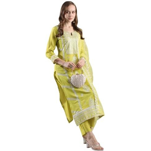 ANNI DESIGNER Women's Rayon Blend Straight Embroidered Kurta with Pant & Dupatta (Carlton LEMON-VKS02_M_Lemon_Medium)