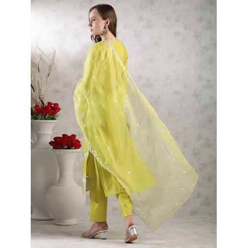 ANNI DESIGNER Women's Rayon Blend Straight Embroidered Kurta with Pant & Dupatta (Carlton LEMON-VKS02_M_Lemon_Medium)