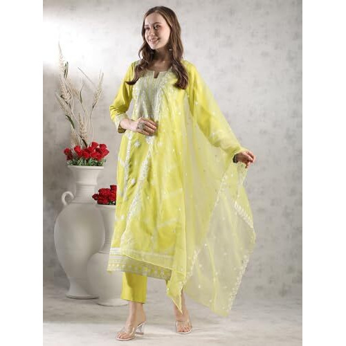 ANNI DESIGNER Women's Rayon Blend Straight Embroidered Kurta with Pant & Dupatta (Carlton LEMON-VKS02_M_Lemon_Medium)