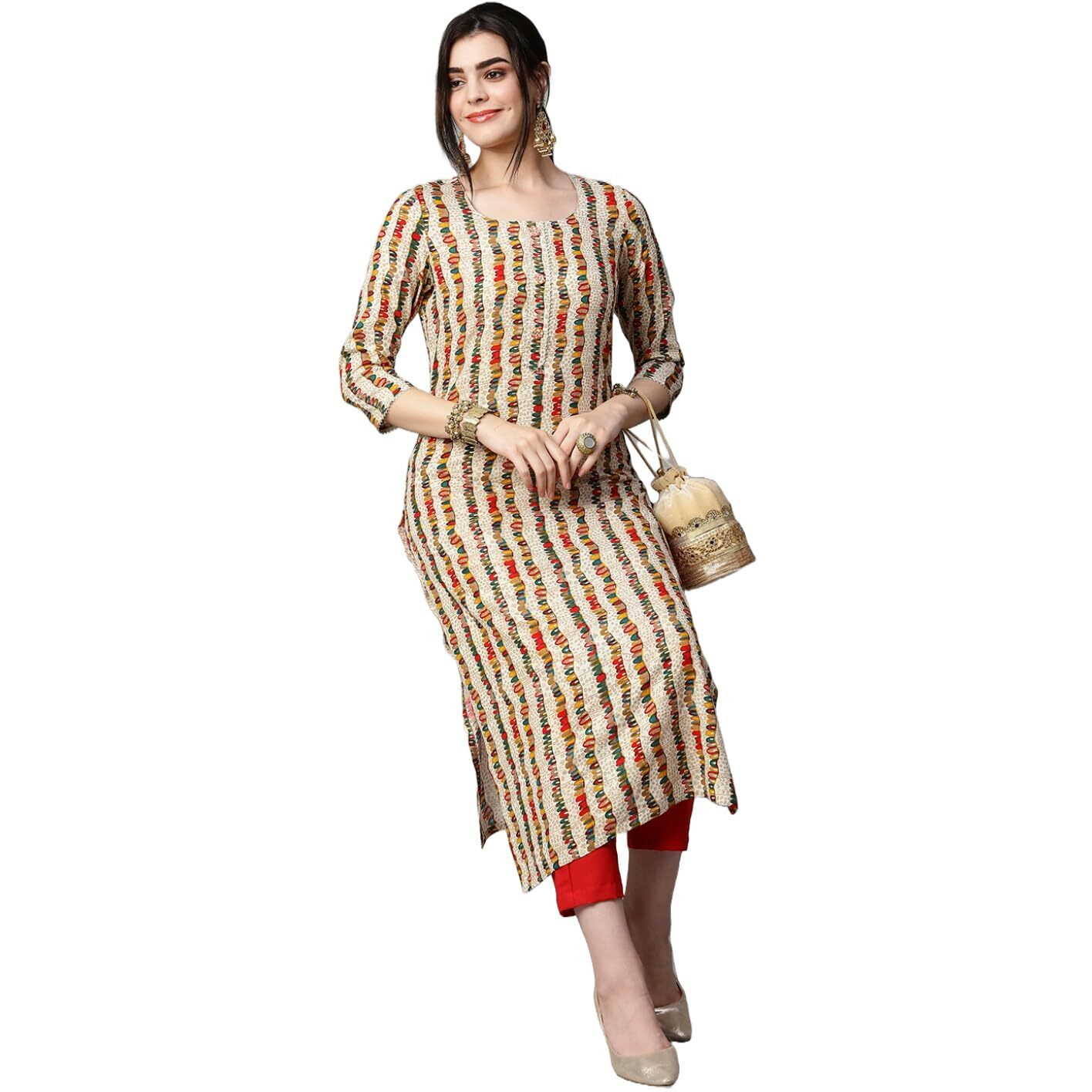 ANNI DESIGNER Women's Cotton Blend Straight Printed Kurta with Pant Set (Parjapati Cream-NW_L_Cream_Large)
