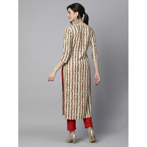 ANNI DESIGNER Women's Cotton Blend Straight Printed Kurta with Pant Set (Parjapati Cream-NW_L_Cream_Large)
