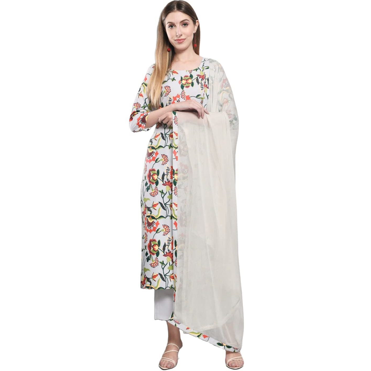 ANNI DESIGNER Women's Cotton Blend Floral Printed Straight Kurta with Pants & Dupatta (Niyama-Grey_S_Grey_Small)