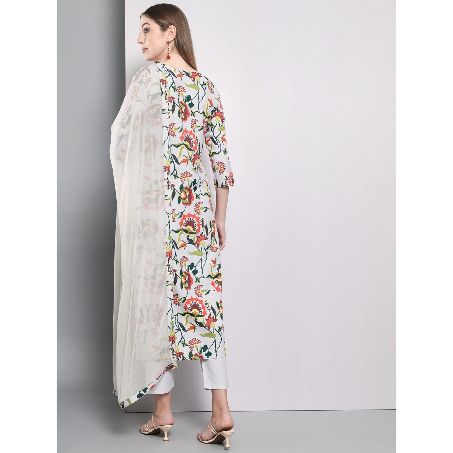 ANNI DESIGNER Women's Cotton Blend Floral Printed Straight Kurta with Pants & Dupatta (Niyama-Grey_S_Grey_Small)