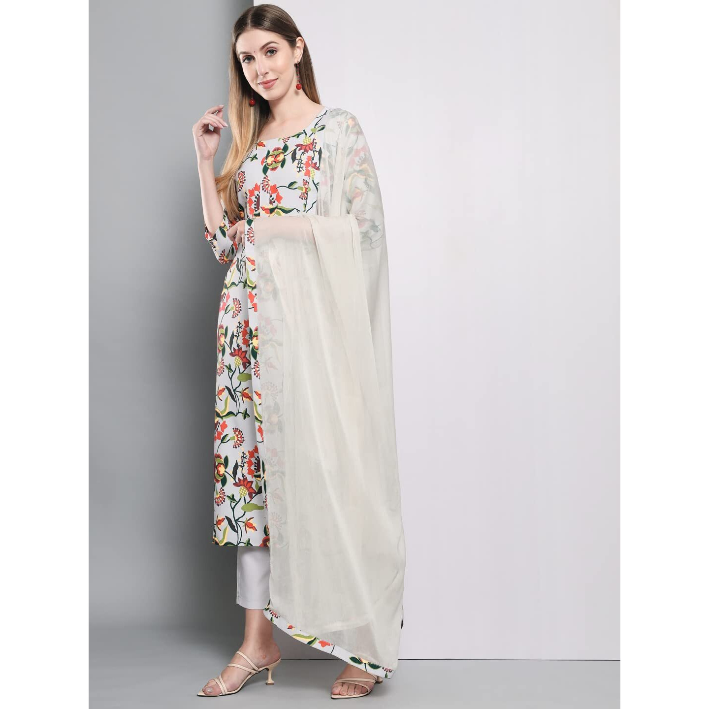 ANNI DESIGNER Women's Cotton Blend Floral Printed Straight Kurta with Pants & Dupatta (Niyama-Grey_S_Grey_Small)