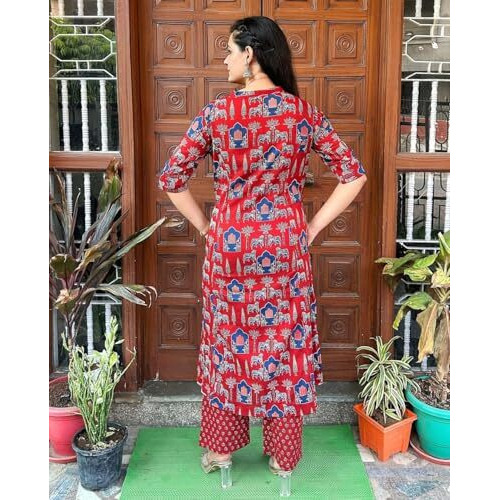ANNI DESIGNER Women's Rayon Blend Straight Printed Kurta with Palazzo (GPW Red-VKS01_S_Red_Small)