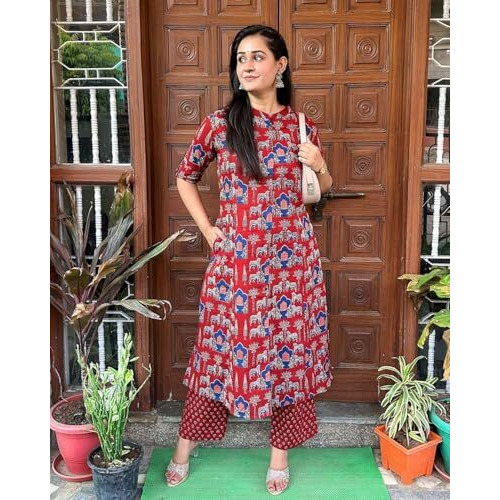 ANNI DESIGNER Women's Rayon Blend Straight Printed Kurta with Palazzo (GPW Red-VKS01_S_Red_Small)