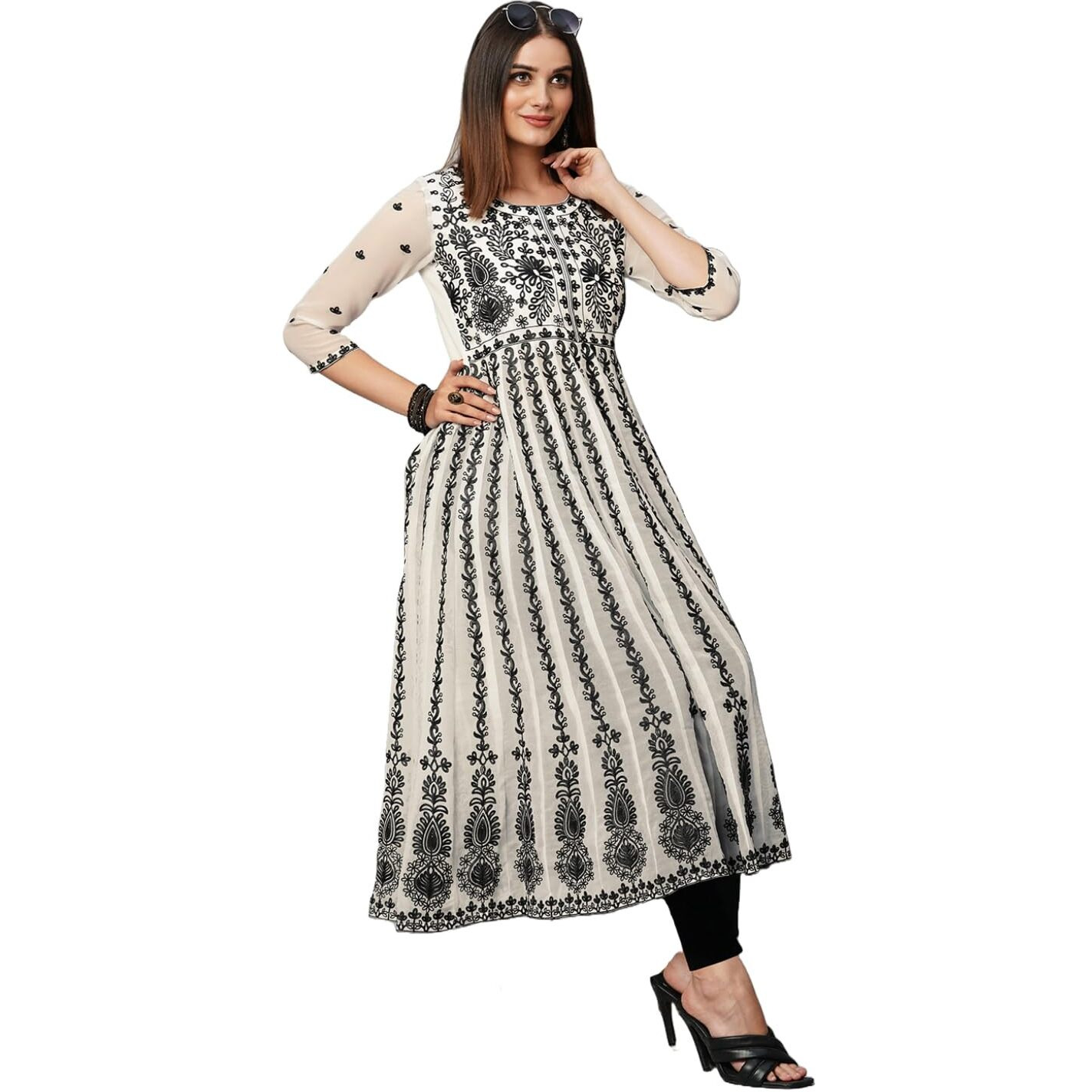 ANNI DESIGNER Women's Cotton Blend Anarkali Chikankari Embroidered Kurti (Dori Kali White_S_White_Small)