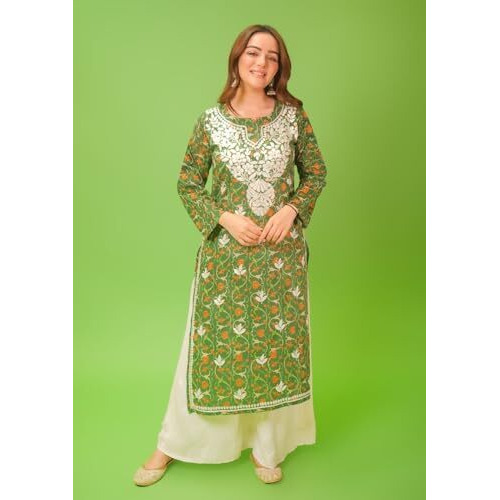 ANNI DESIGNER Women's Rayon Blend Straight Chikankari Embroidered Kurta (Nakusha Green_XL_Green_X-Large)
