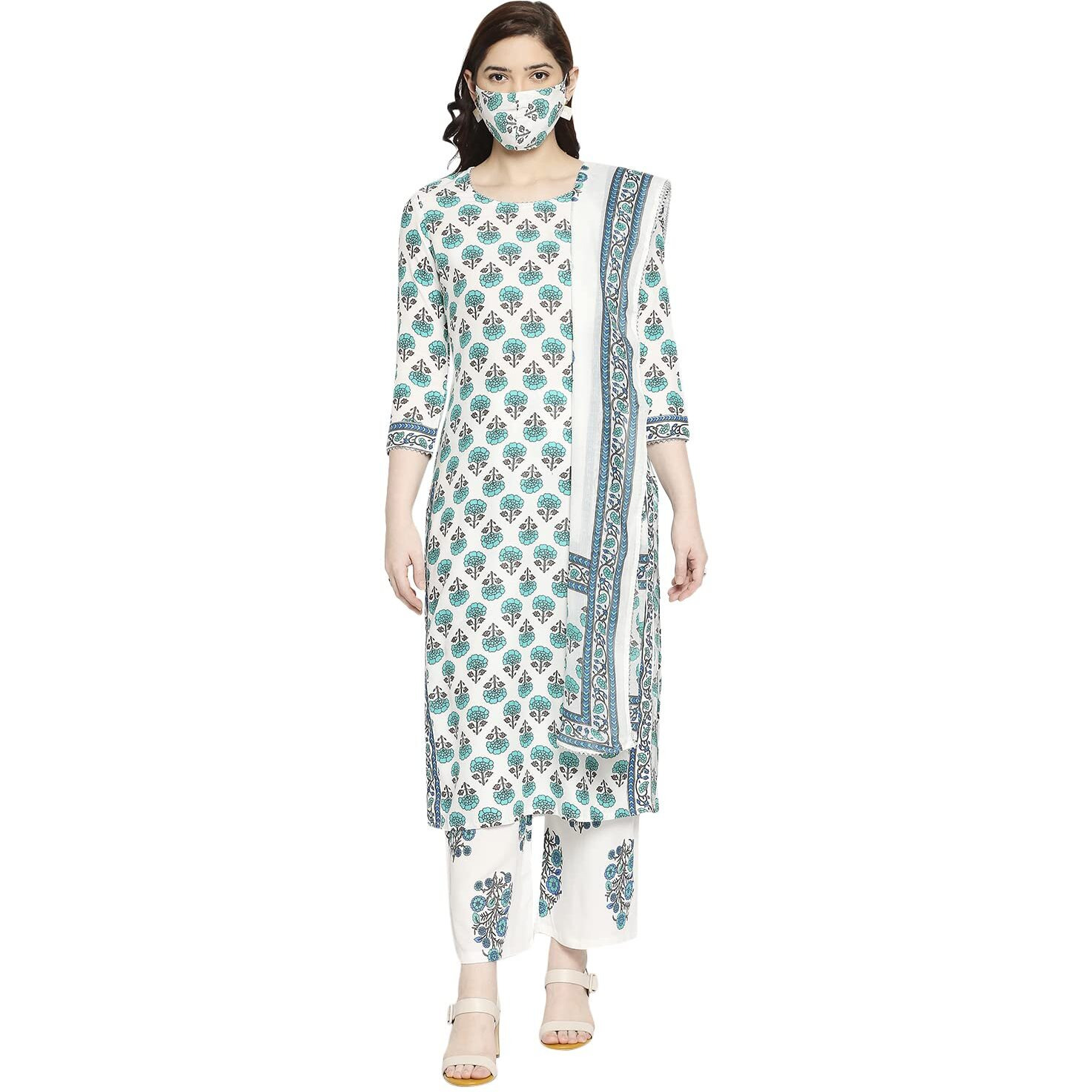 ANNI DESIGNER Women's Cotton Straight Kurta with Palazzo & Dupatta (Jaipuri SEA Green_GSK_M_Sea Green_Medium)