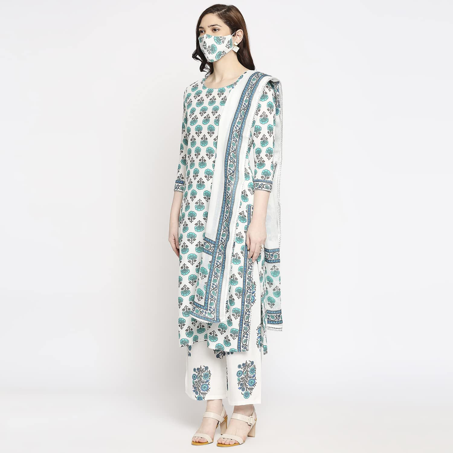 ANNI DESIGNER Women's Cotton Straight Kurta with Palazzo & Dupatta (Jaipuri SEA Green_GSK_M_Sea Green_Medium)