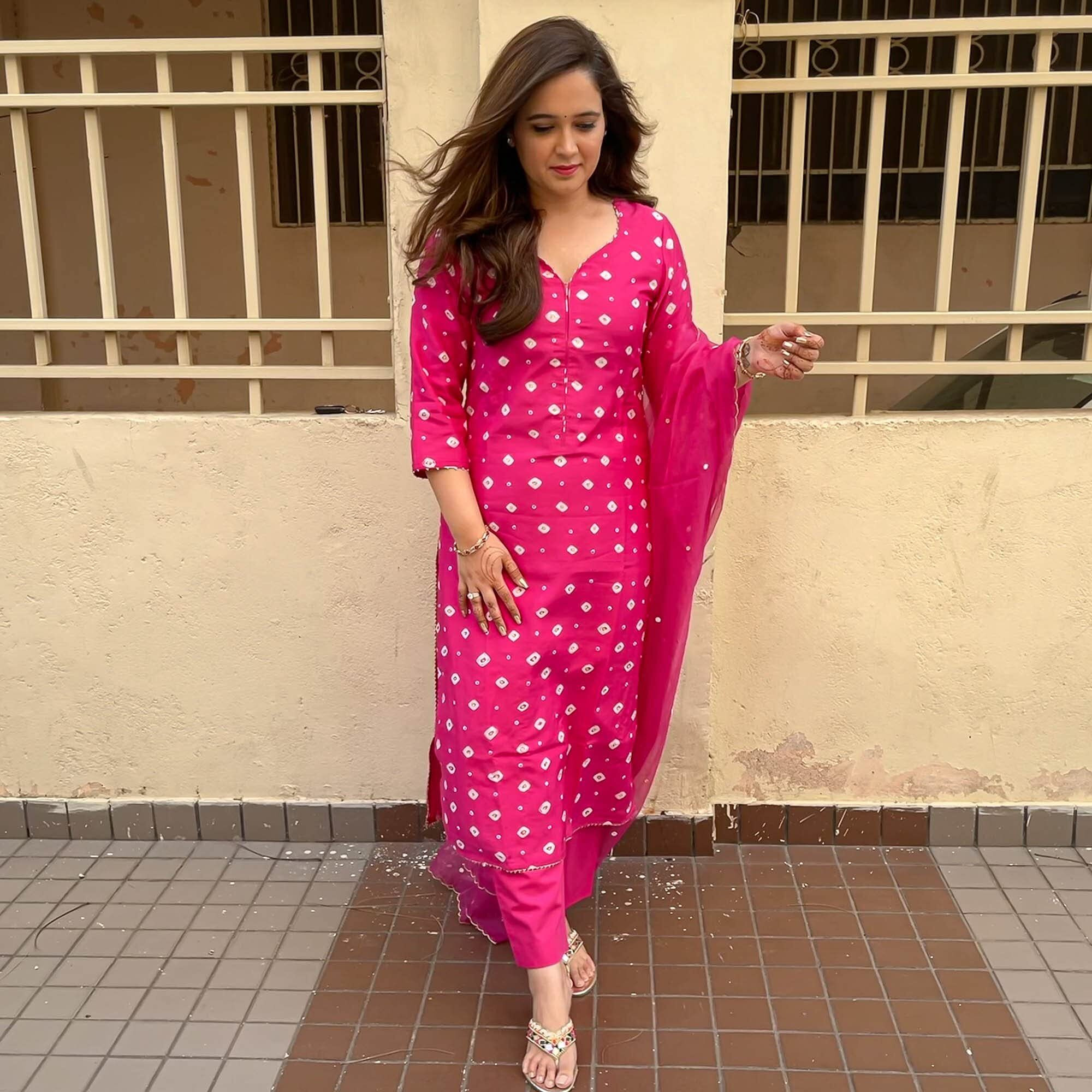 ANNI DESIGNER Women's Cotton Straight Kurta with Pant & Dupatta (KPTD-COT-10003-PINK_XXL_Pink_XX-Large)