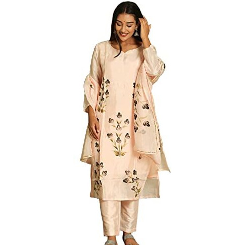 ANNI DESIGNER Women's Cotton Blend Straight Printed Kurta with Pant & Dupatta (BURSH-Peach-NW_M_Peach_Medium)