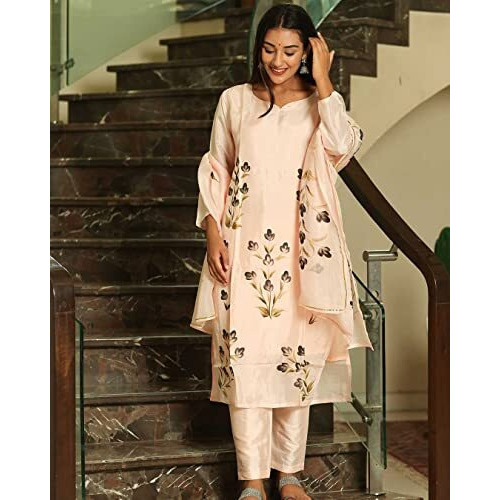 ANNI DESIGNER Women's Cotton Blend Straight Printed Kurta with Pant & Dupatta (BURSH-Peach-NW_M_Peach_Medium)