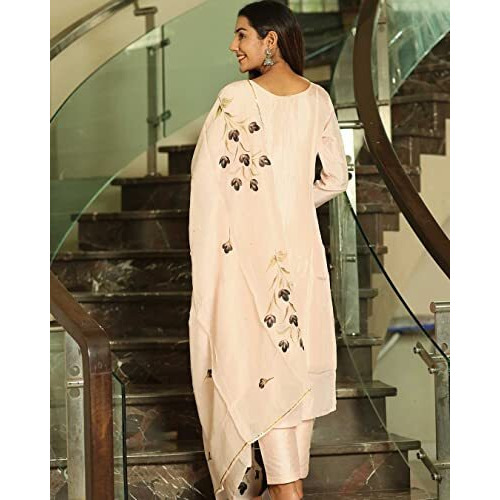 ANNI DESIGNER Women's Cotton Blend Straight Printed Kurta with Pant & Dupatta (BURSH-Peach-NW_M_Peach_Medium)