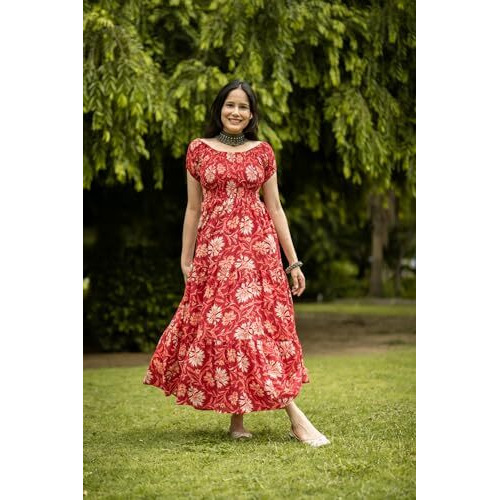 ANNI DESIGNER Women's Cotton Blend Anarkali Printed Long Kurta (Maulik Red_M_Red_Medium)