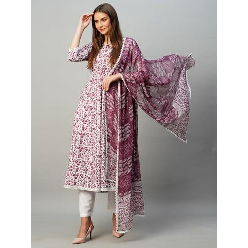 ANNI DESIGNER Women's Rayon Blend Anarkali Printed Kurta with Pant & Dupatta (Yutika Purple-NW_3XL_Purple_XXX-Large)