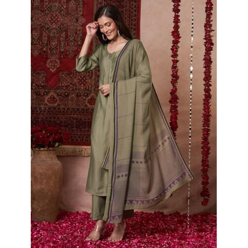 ANNI DESIGNER Women's Rayon Viscose Solid Straight Kurta with Pant & Dupatta (Raja Saab Green-VKS13_XL_Green_X-Large)