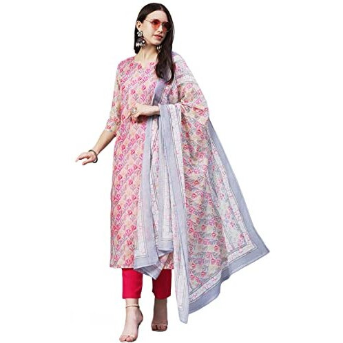 ANNI DESIGNER Women's Cotton Blend Printed Straight Kurta with Pant & Dupatta (Waha Pink-Nw_XXL_Pink_XX-Large)