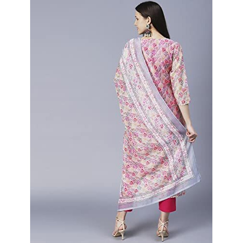 ANNI DESIGNER Women's Cotton Blend Printed Straight Kurta with Pant & Dupatta (Waha Pink-Nw_XXL_Pink_XX-Large)