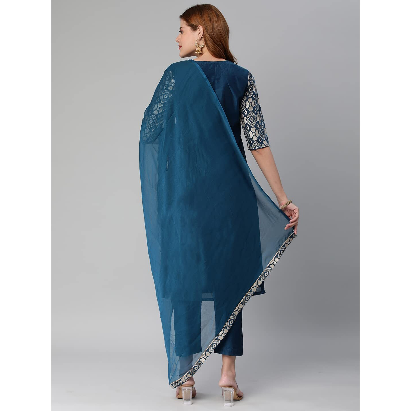 ANNI DESIGNER Women's Banarasi Woven Straight Embellished Printed Kurta with Pant & Dupatta (KABZAA-Cerosin-Nw_XL_Dark Blue_X-Large)