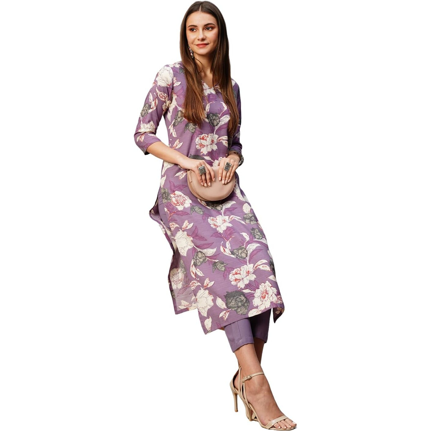 ANNI DESIGNER Women's Rayon Blend Printed Straight Kurta with Pant (DHUN-KSV_Purple_Medium)