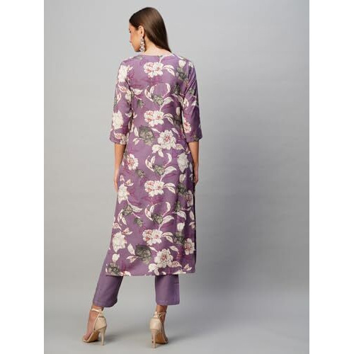 ANNI DESIGNER Women's Rayon Blend Printed Straight Kurta with Pant (DHUN-KSV_Purple_Medium)