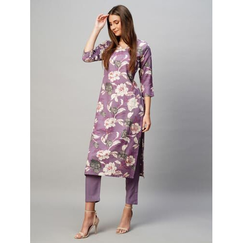 ANNI DESIGNER Women's Rayon Blend Printed Straight Kurta with Pant (DHUN-KSV_Purple_Medium)