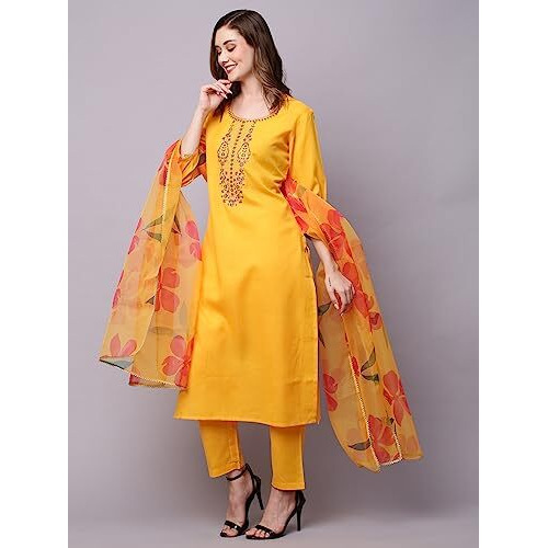 ANNI DESIGNER Women's Cotton Blend Straight Embroidered Kurta with Pant & Dupatta (GOMTI Yellow-NW_XL_Yellow_X-Large)