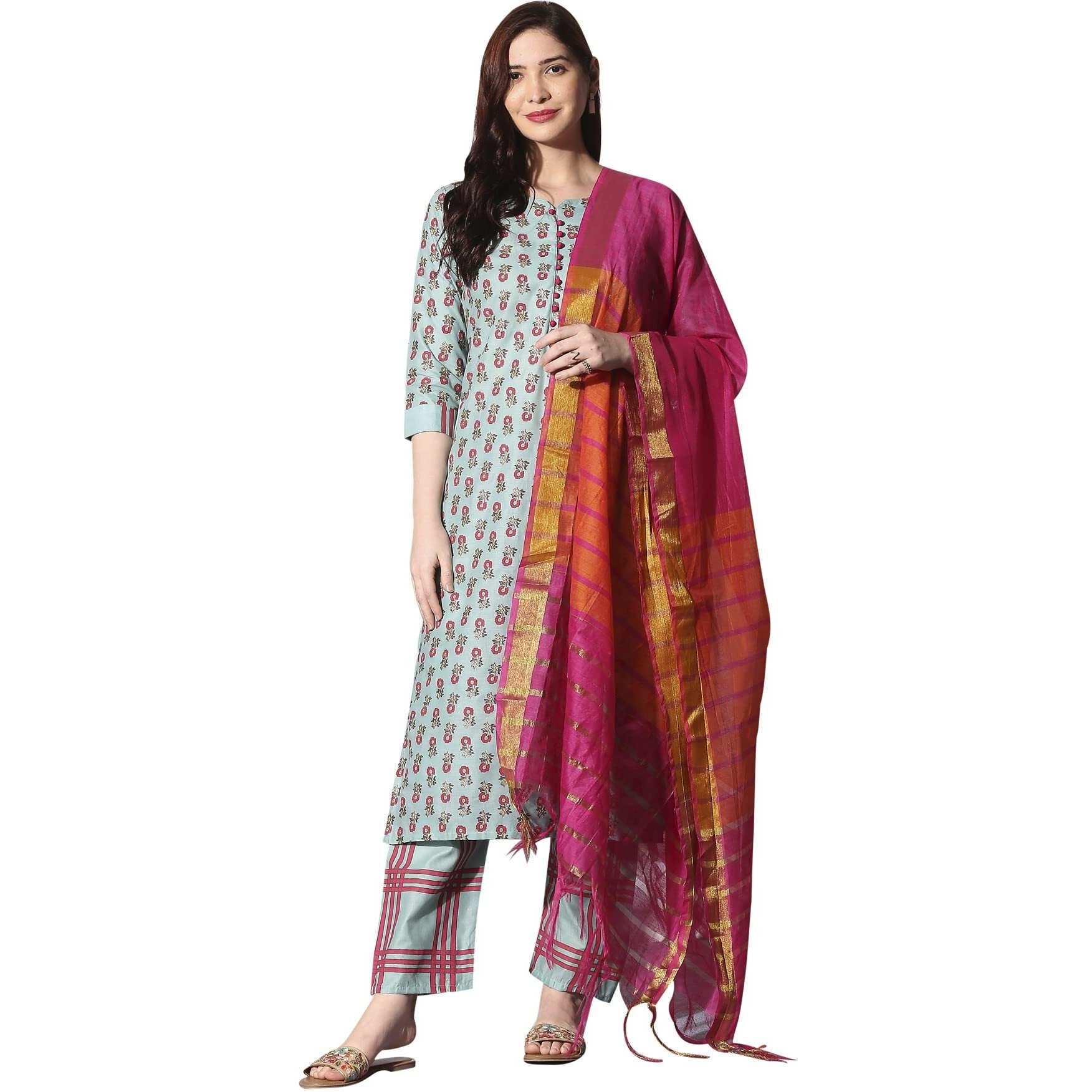 ANNI DESIGNER Women's Cotton Straight Kurta with Pant & Dupatta (KPTD-COT-10004-LIGHT GREEN_M_Light Green_Medium)