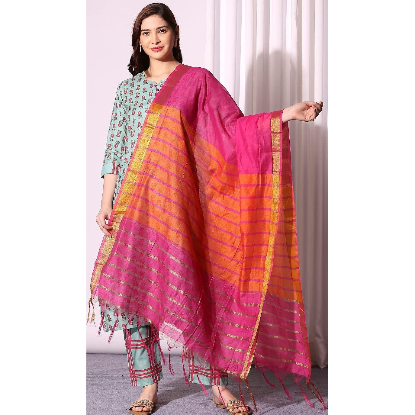 ANNI DESIGNER Women's Cotton Straight Kurta with Pant & Dupatta (KPTD-COT-10004-LIGHT GREEN_M_Light Green_Medium)